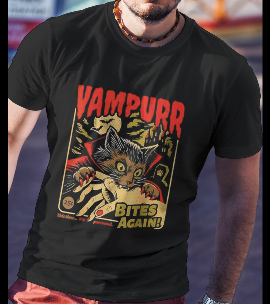 Vampurr Bites Again Vampire Cat Halloween Vintage Spooky Paws T-Shirt