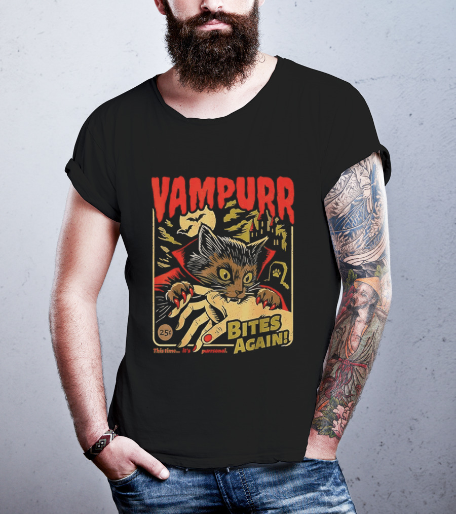 Vampurr Bites Again Vampire Cat Halloween Vintage Spooky Paws T-Shirt