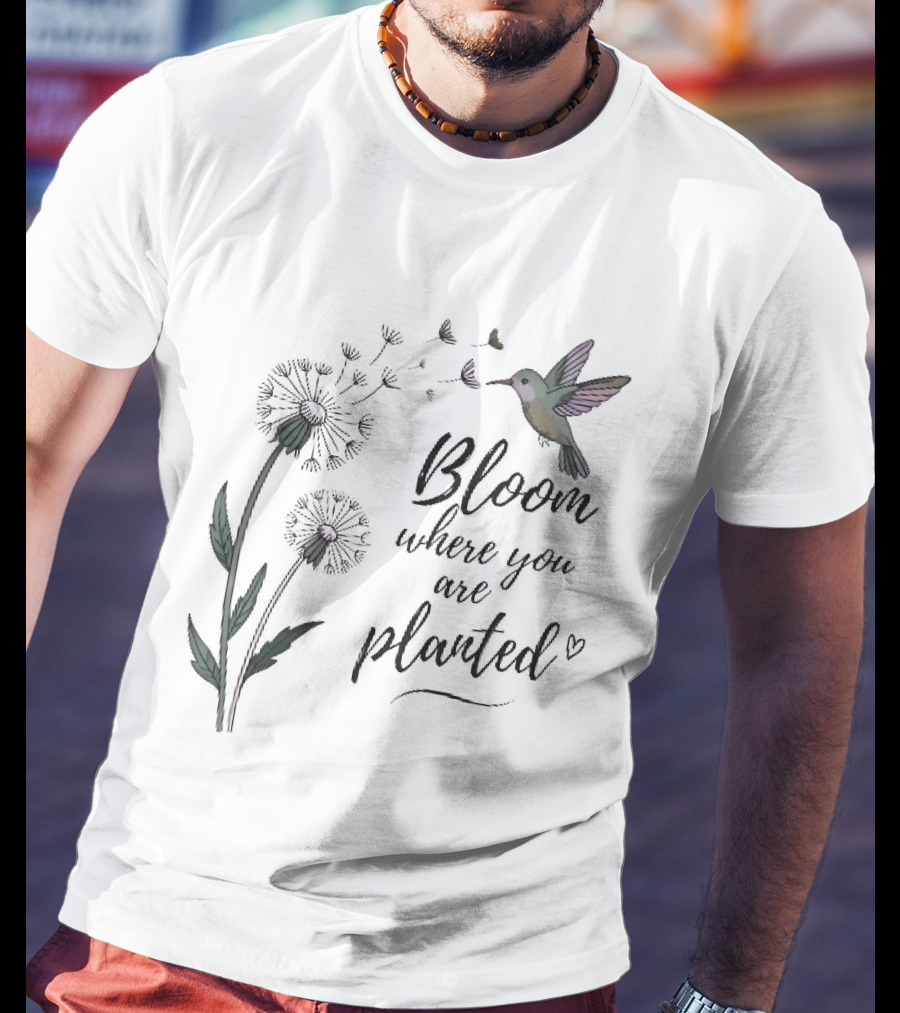 Bloom Where You Are Planted Hummingbird Dandelion Seeds Heart Sketch T-Shirt