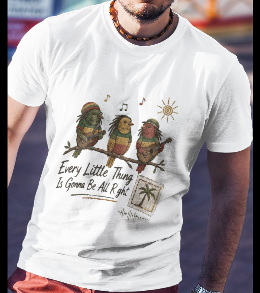 Every Little Thing Is Gonna Be All Right Reggae Birds Guitar Sunshine Palm Stamp Music Notes T-Shirt