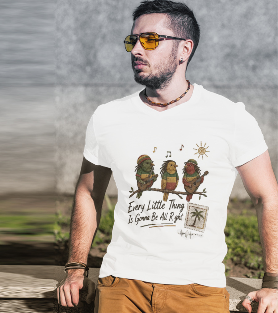 Every Little Thing Is Gonna Be All Right Reggae Birds Guitar Sunshine Palm Stamp Music Notes T-Shirt