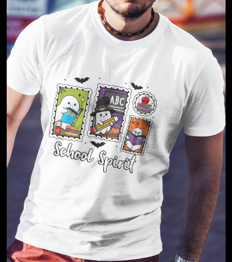 School Spirit Ghosts Holding Books Halloween Postage Stamps ABC Bats T-Shirt