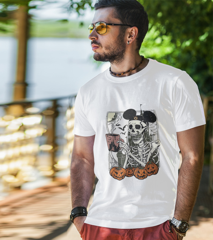 Spooky Skeleton With Coffee Mouse Ears Pumpkins Bats Halloween 2026 T-Shirt