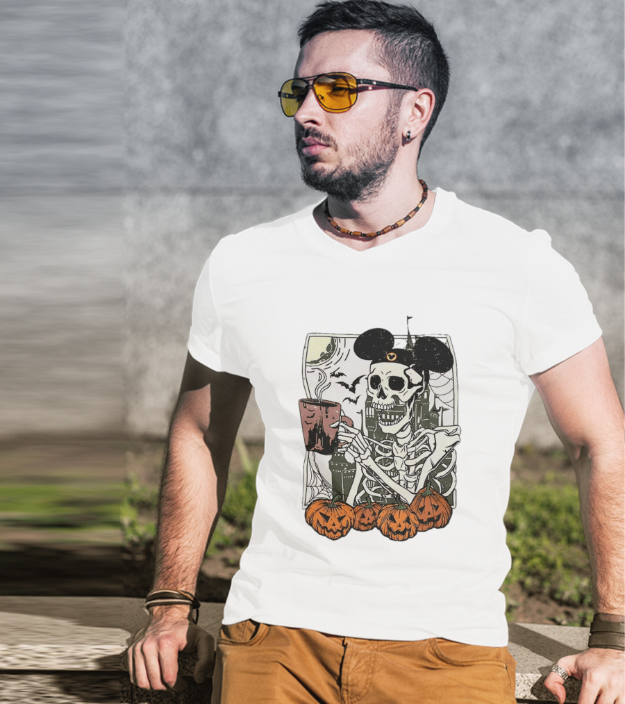 Spooky Skeleton With Coffee Mouse Ears Pumpkins Bats Halloween 2026 T-Shirt