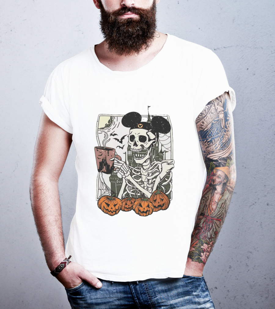 Spooky Skeleton With Coffee Mouse Ears Pumpkins Bats Halloween 2026 T-Shirt