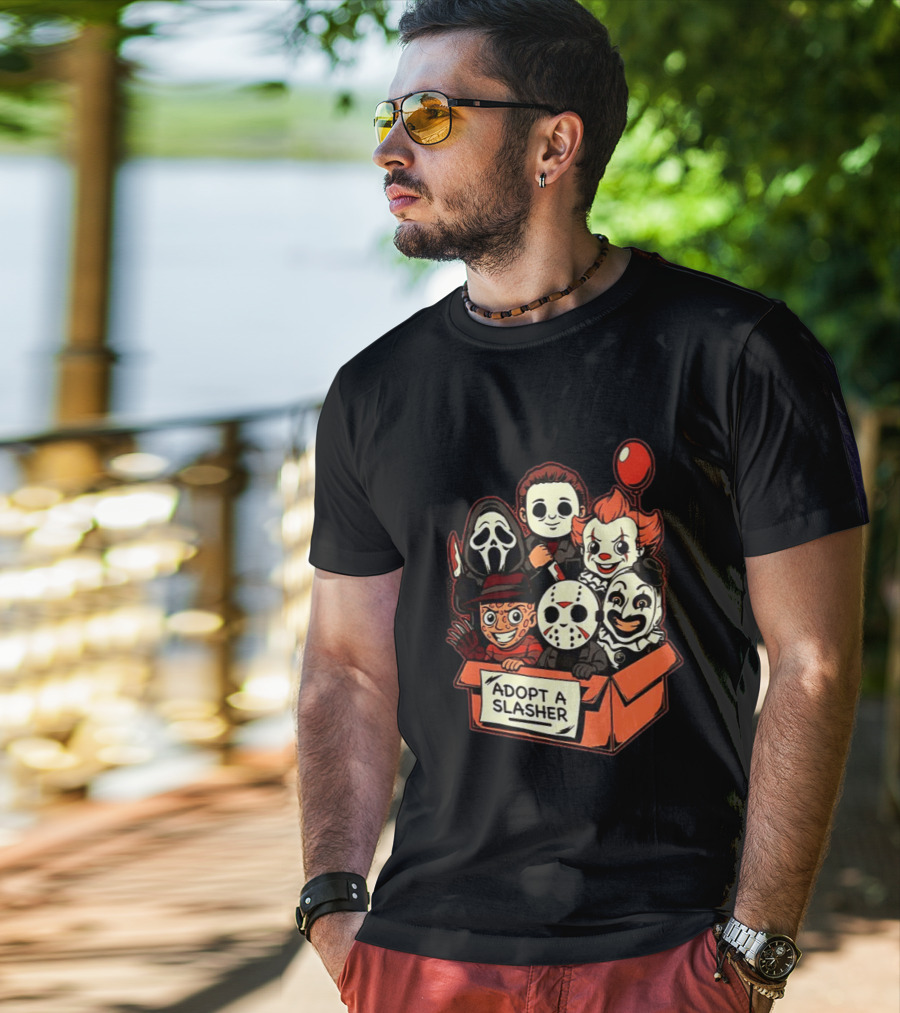 Adopt A Slasher Horror Characters Halloween Box With Iconic Balloon And Masked Monsters T-Shirt