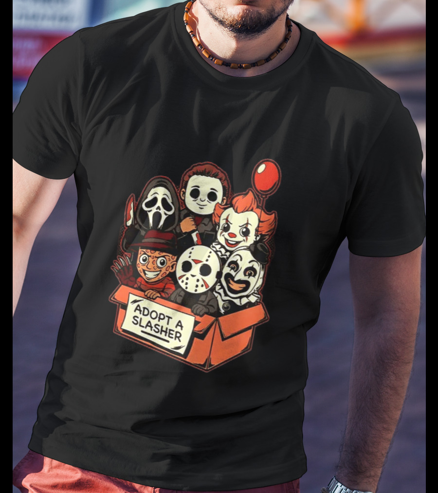 Adopt A Slasher Horror Characters Halloween Box With Iconic Balloon And Masked Monsters T-Shirt