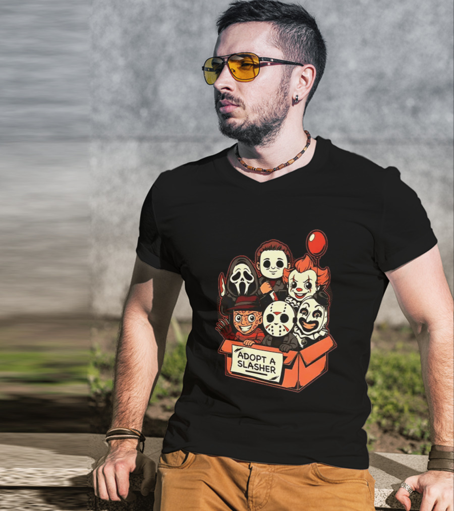 Adopt A Slasher Horror Characters Halloween Box With Iconic Balloon And Masked Monsters T-Shirt