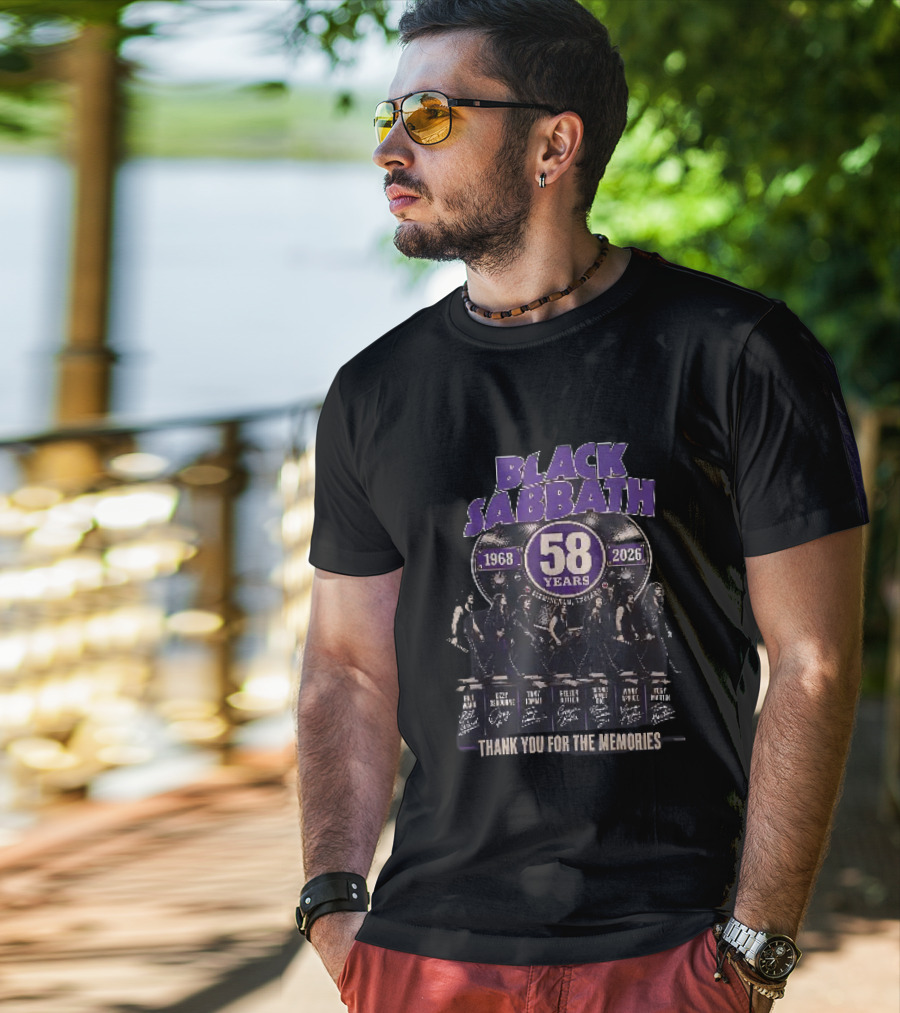 Black Sabbath 58 Years 1968 2026 Birmingham England Thank You For The Memories Ozzy Osbourne Tony Iommi Geezer Butler Bill Ward T-Shirt