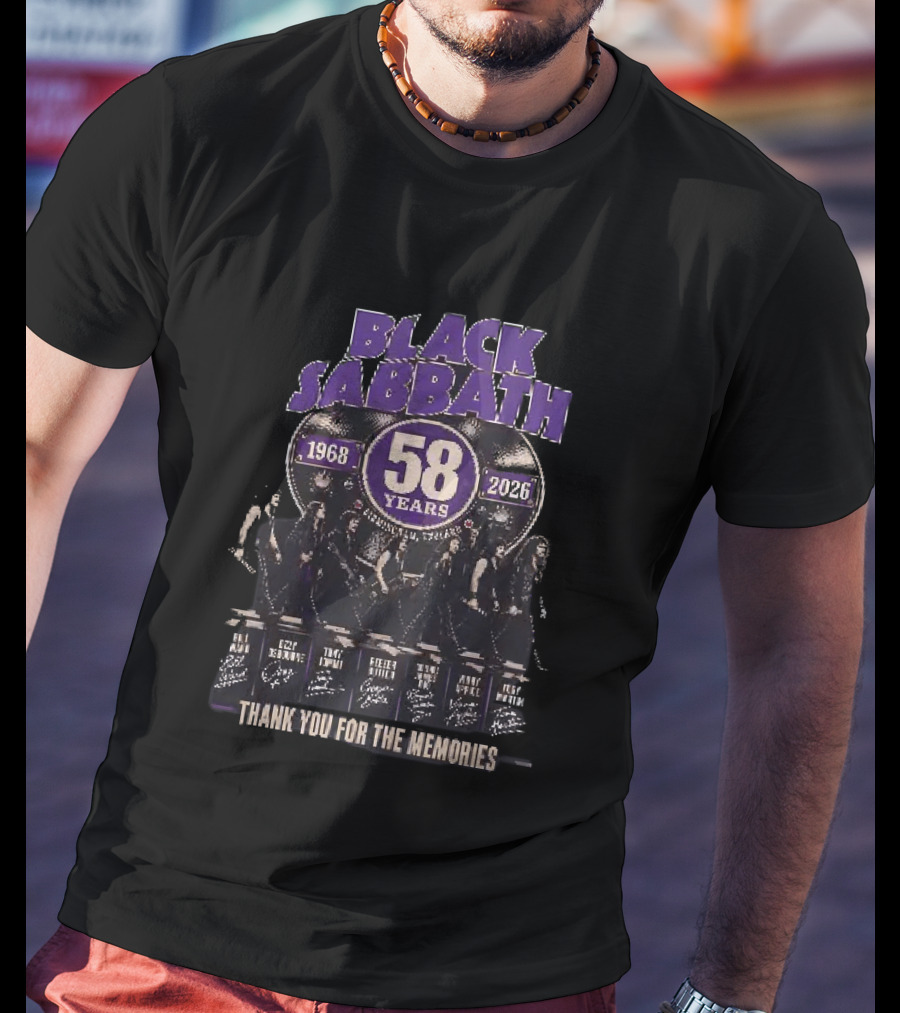 Black Sabbath 58 Years 1968 2026 Birmingham England Thank You For The Memories Ozzy Osbourne Tony Iommi Geezer Butler Bill Ward T-Shirt