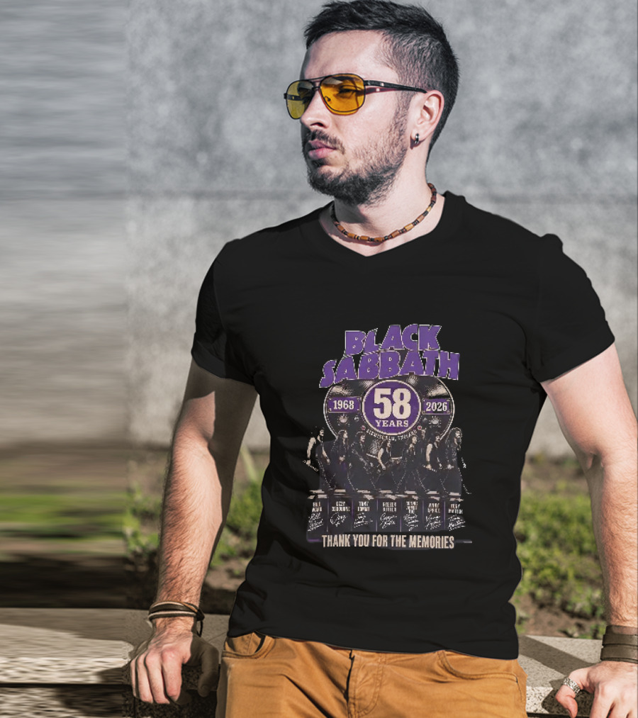 Black Sabbath 58 Years 1968 2026 Birmingham England Thank You For The Memories Ozzy Osbourne Tony Iommi Geezer Butler Bill Ward T-Shirt