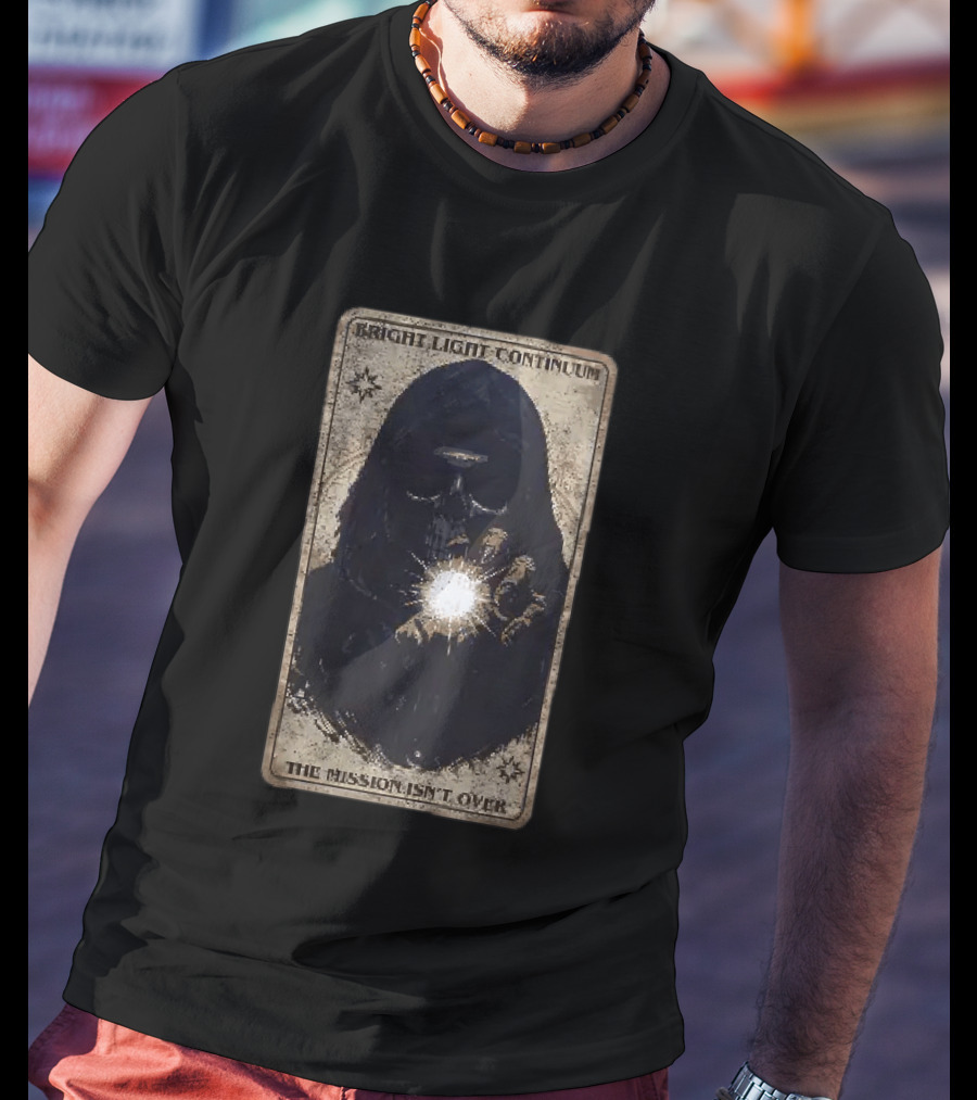 Bright Light Continuum The Mission Isn't Over Skull Holding Light Mysterious Hooded Figure T-Shirt