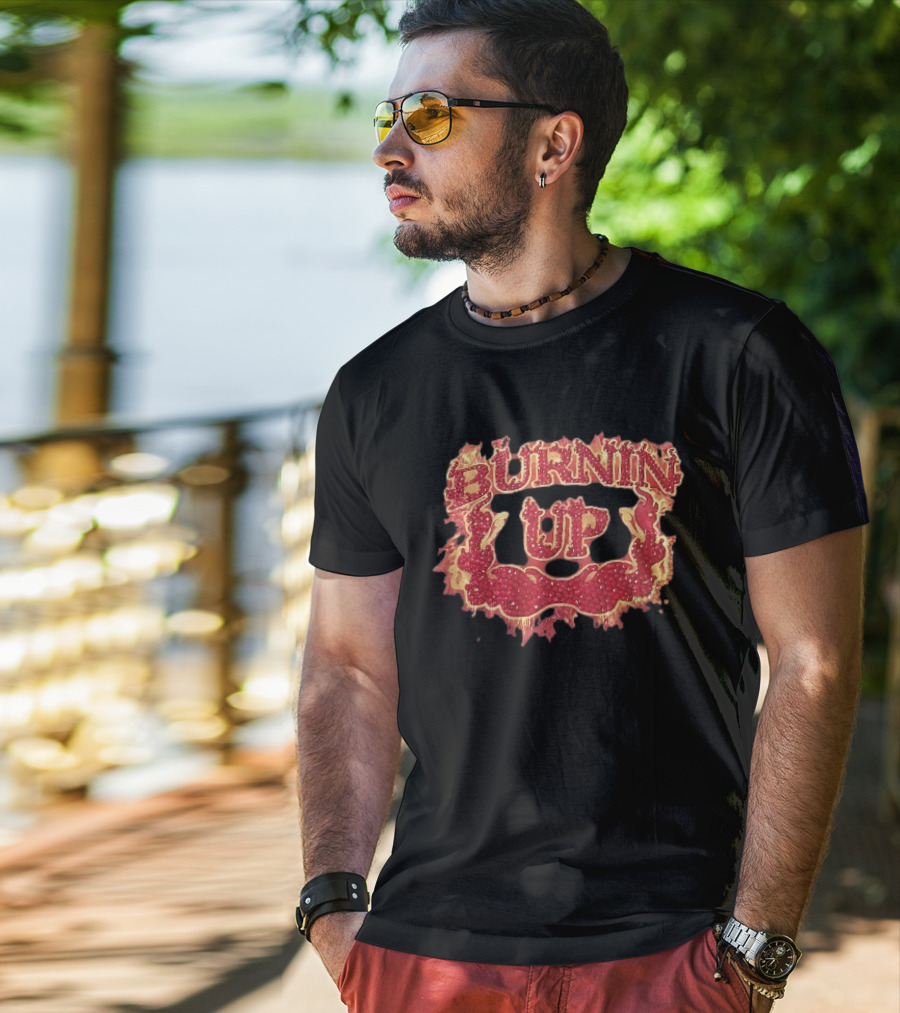 Burnin Up Red Rhinestone Gemstone Lettering Flaming Crest Frame Fiery T-Shirt