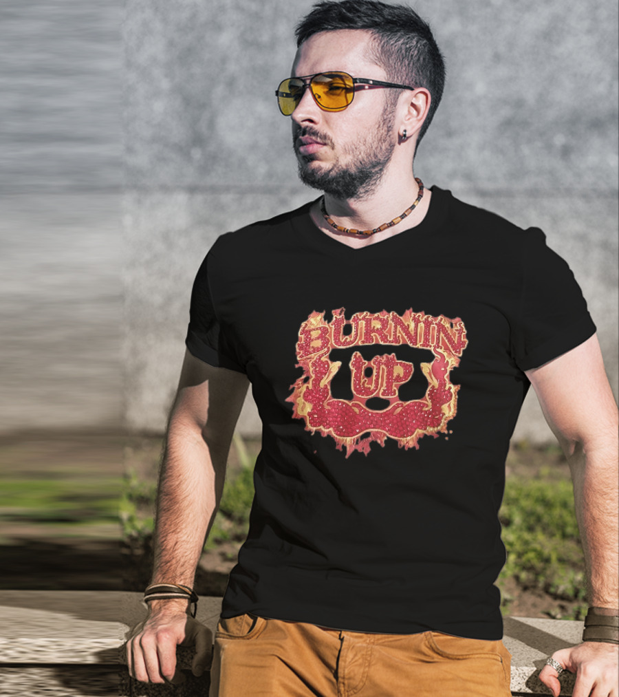 Burnin Up Red Rhinestone Gemstone Lettering Flaming Crest Frame Fiery T-Shirt