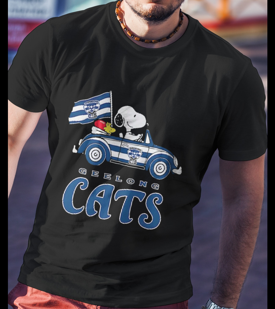 Geelong Cats Snoopy Woodstock Driving With Flag T-Shirt