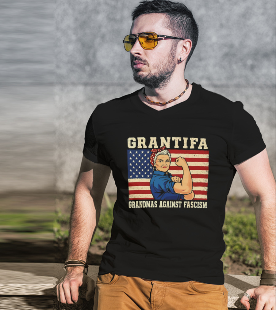 Grantifa Grandmas Against Fascism Rosie Riveter USA Flag T-Shirt