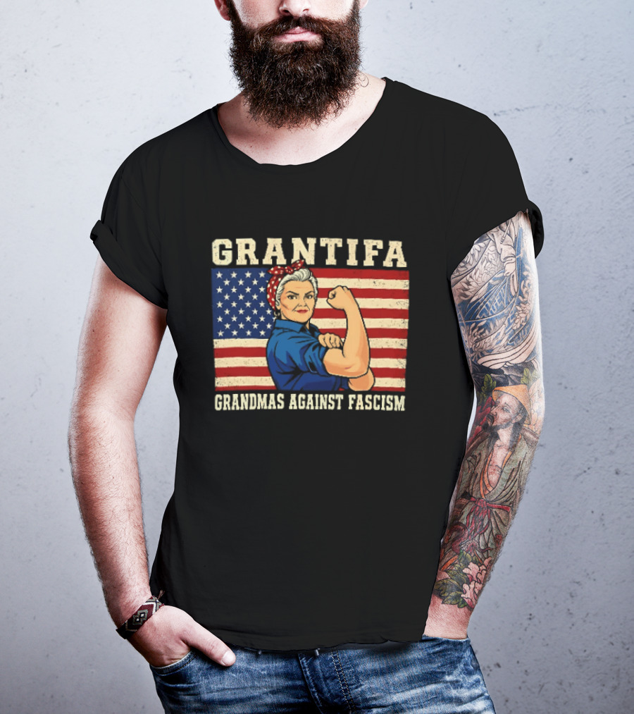 Grantifa Grandmas Against Fascism Rosie Riveter USA Flag T-Shirt