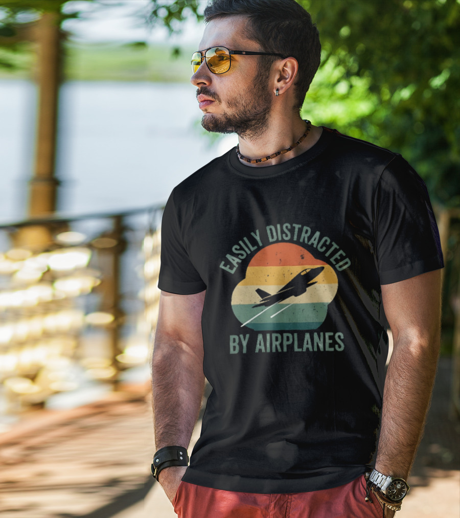 Easily Distracted By Airplanes Retro Jet Vintage Stripes T-Shirt