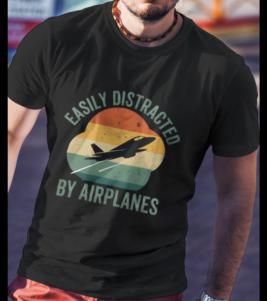 Easily Distracted By Airplanes Retro Jet Vintage Stripes T-Shirt