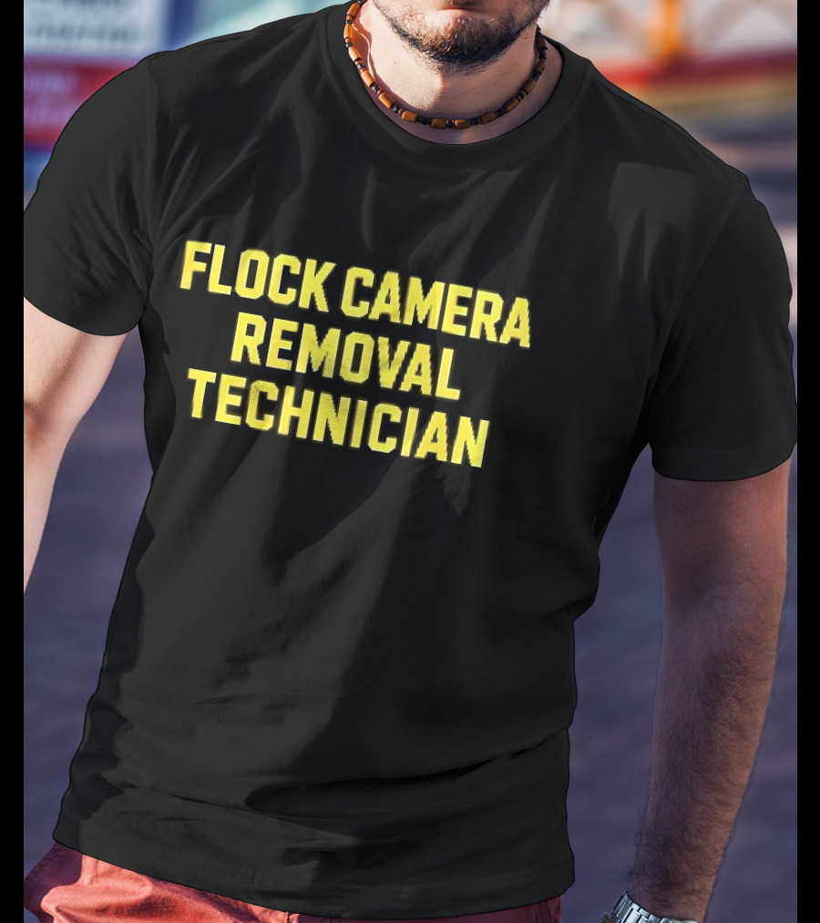 Flock Camera Removal Technician Yellow Varsity Block T-Shirt