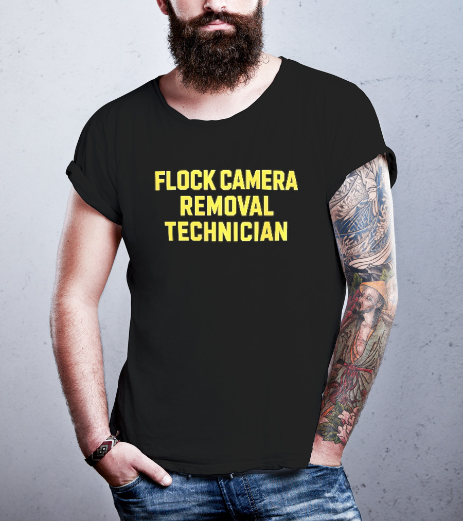 Flock Camera Removal Technician Yellow Varsity Block T-Shirt