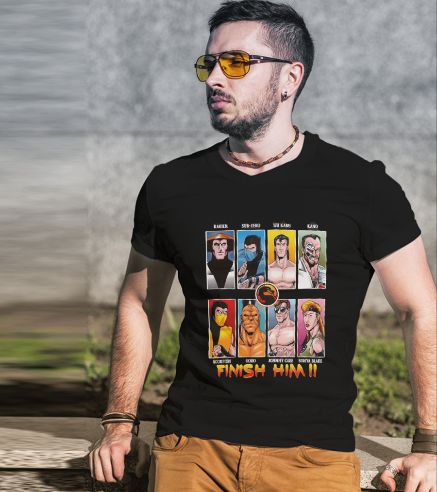 Raiden Sub Zero Liu Kang Kano Scorpion Goro Johnny Cage Sonya Blade Finish Him Mortal Kombat T-Shirt