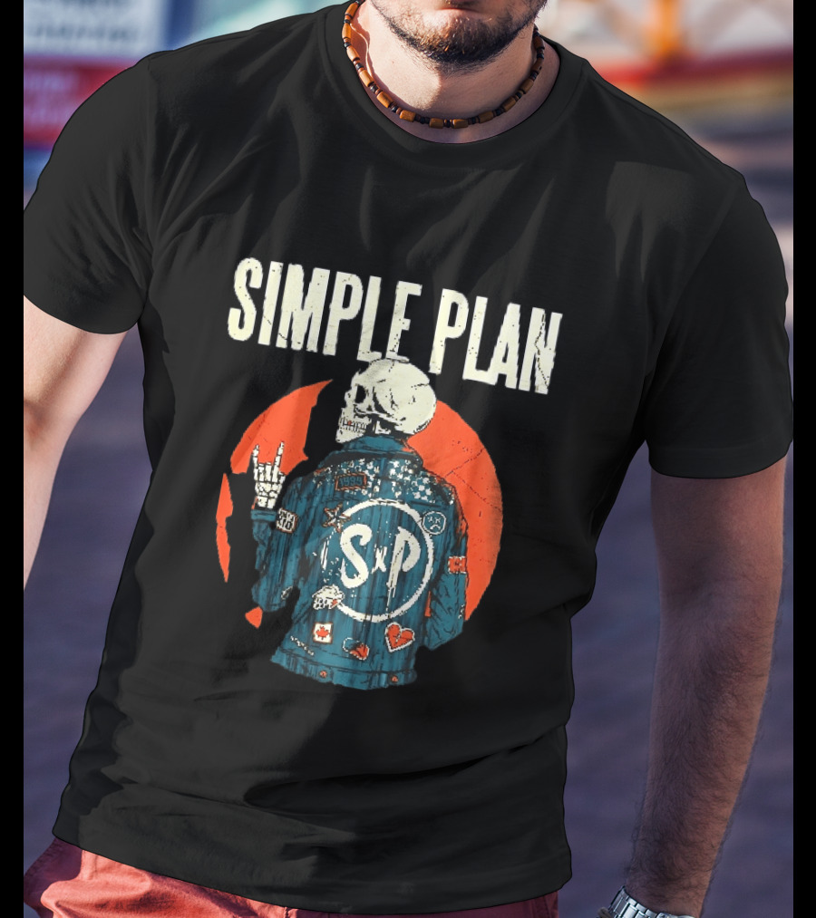 Simple Plan Just A Kid 1999 Skeleton Rock Sign SP Denim Jacket Distressed T-Shirt