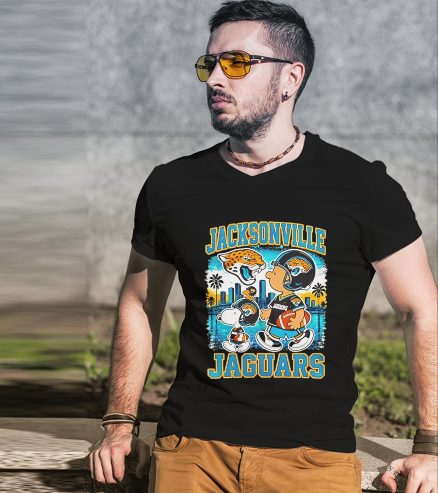 Jacksonville Jaguars Snoopy Woodstock Skyline 2026 Football T-Shirt