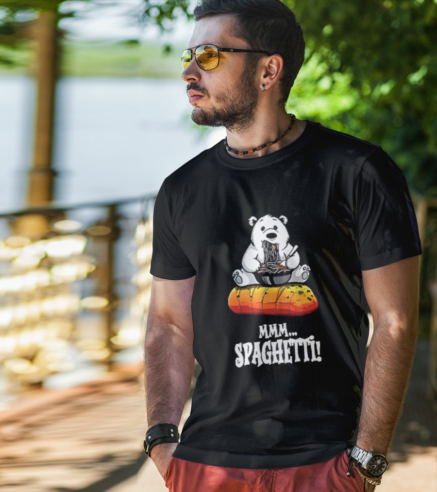 Mmm Spaghetti Cartoon Polar Bear Enjoying Pasta On Garlic Bread T-Shirt