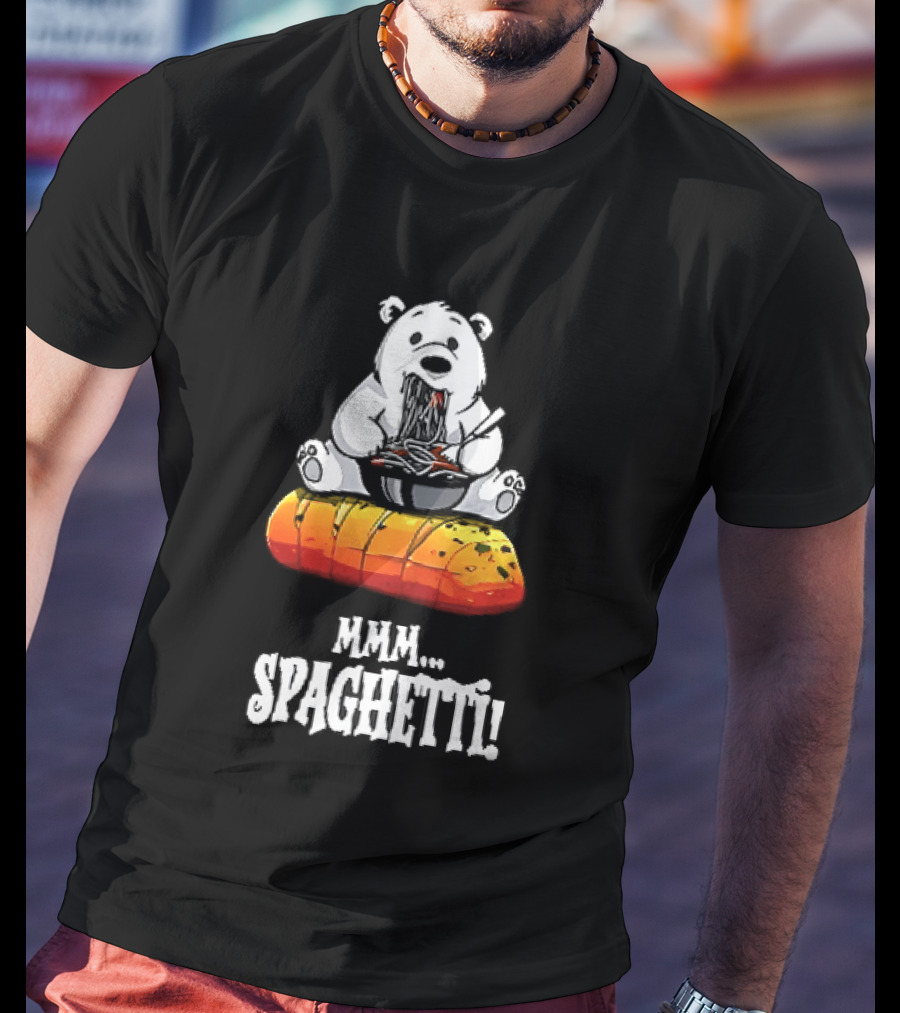 Mmm Spaghetti Cartoon Polar Bear Enjoying Pasta On Garlic Bread T-Shirt