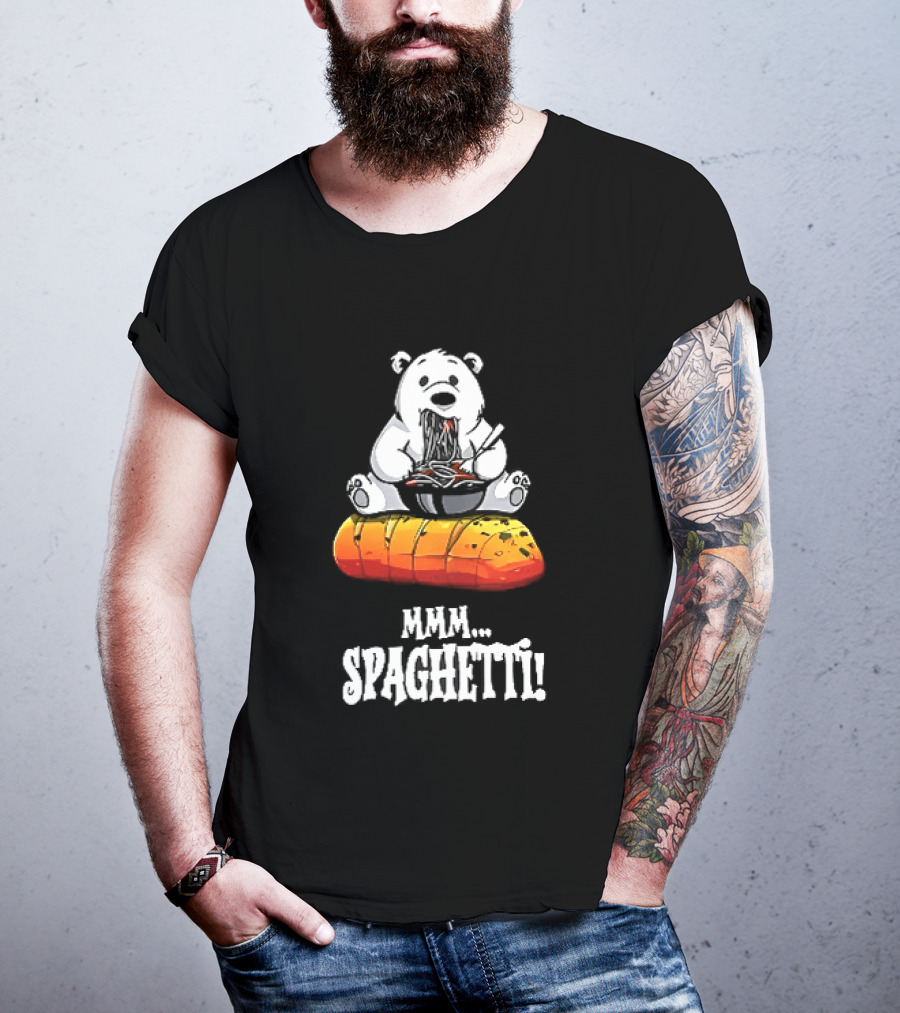 Mmm Spaghetti Cartoon Polar Bear Enjoying Pasta On Garlic Bread T-Shirt