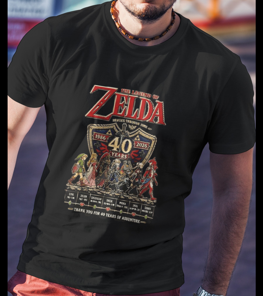 The Legend Of Zelda Heroes Through Time 1986 2026 40 Years Thank You For 40 Years Of Adventure Link Zelda Ganondorf Sheik Midna Impa Sidon T-Shirt