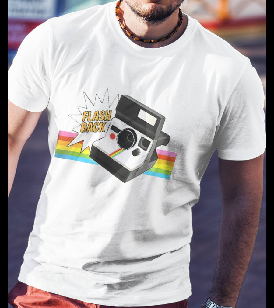 Flash Back Instant Camera Rainbow Stripe Starburst T-Shirt