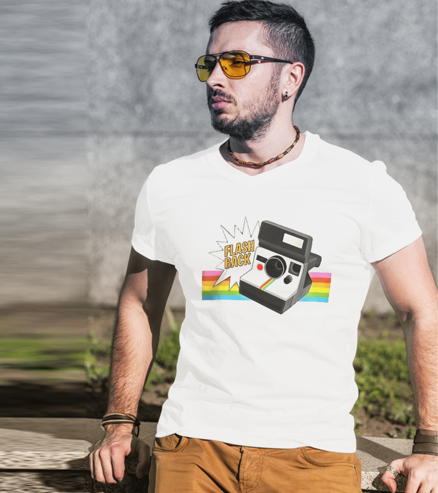 Flash Back Instant Camera Rainbow Stripe Starburst T-Shirt