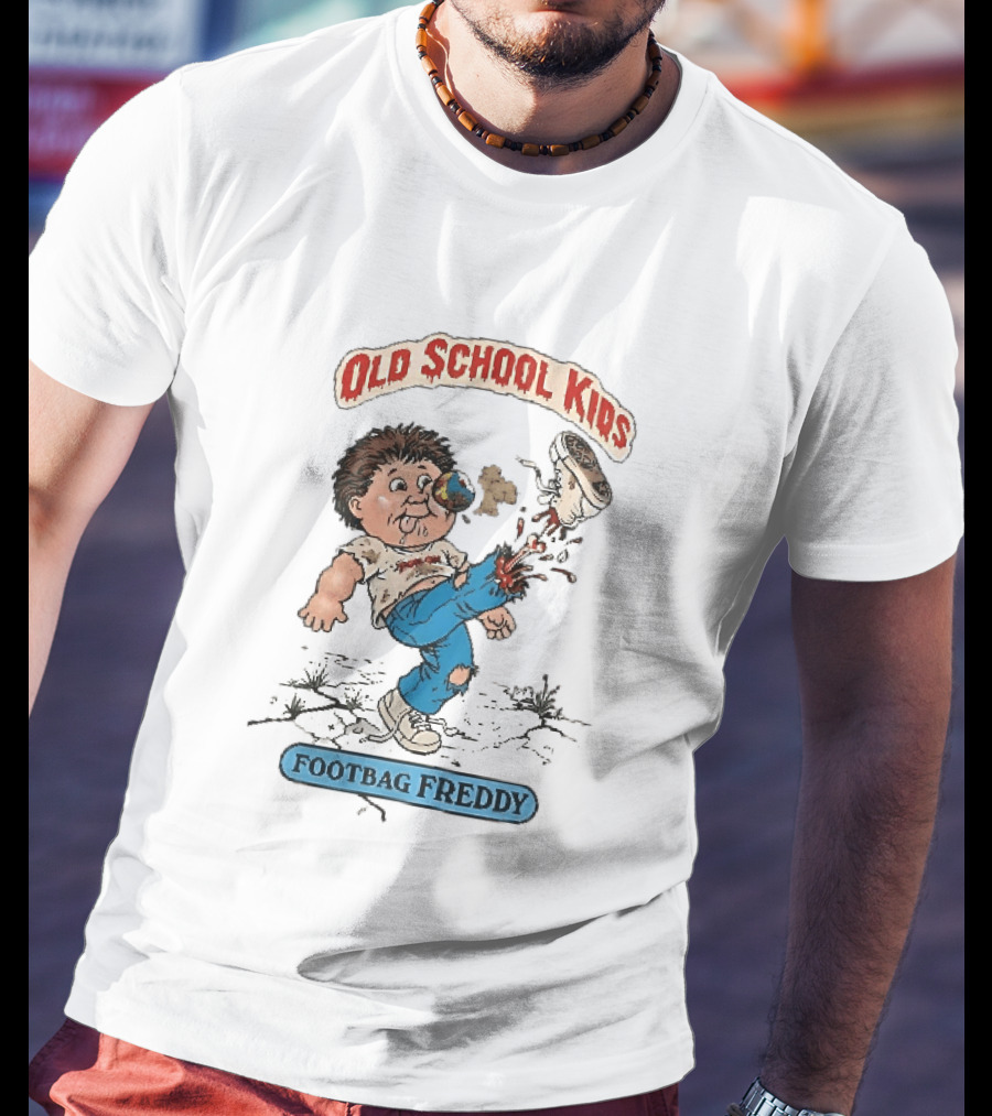 Old School Kids Footbag Freddy Cartoon Caricature Boy Kicking Shoe T-Shirt