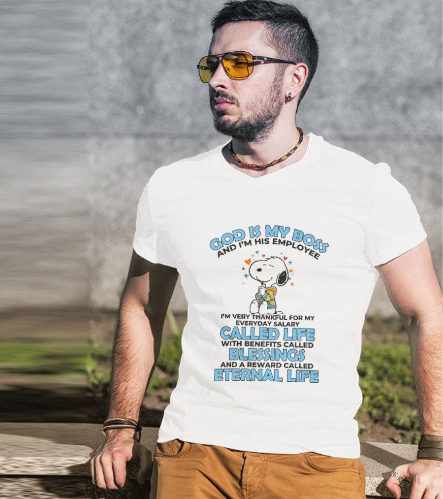 God Is My Boss Employee Everyday Salary Called Life Benefits Blessings Eternal Cartoon Dog Praying T-Shirt