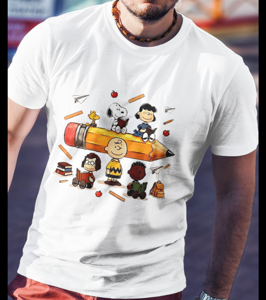 Charlie's Giant Pencil Peanuts Cartoon School Supplies Snoopy Woodstock T-Shirt