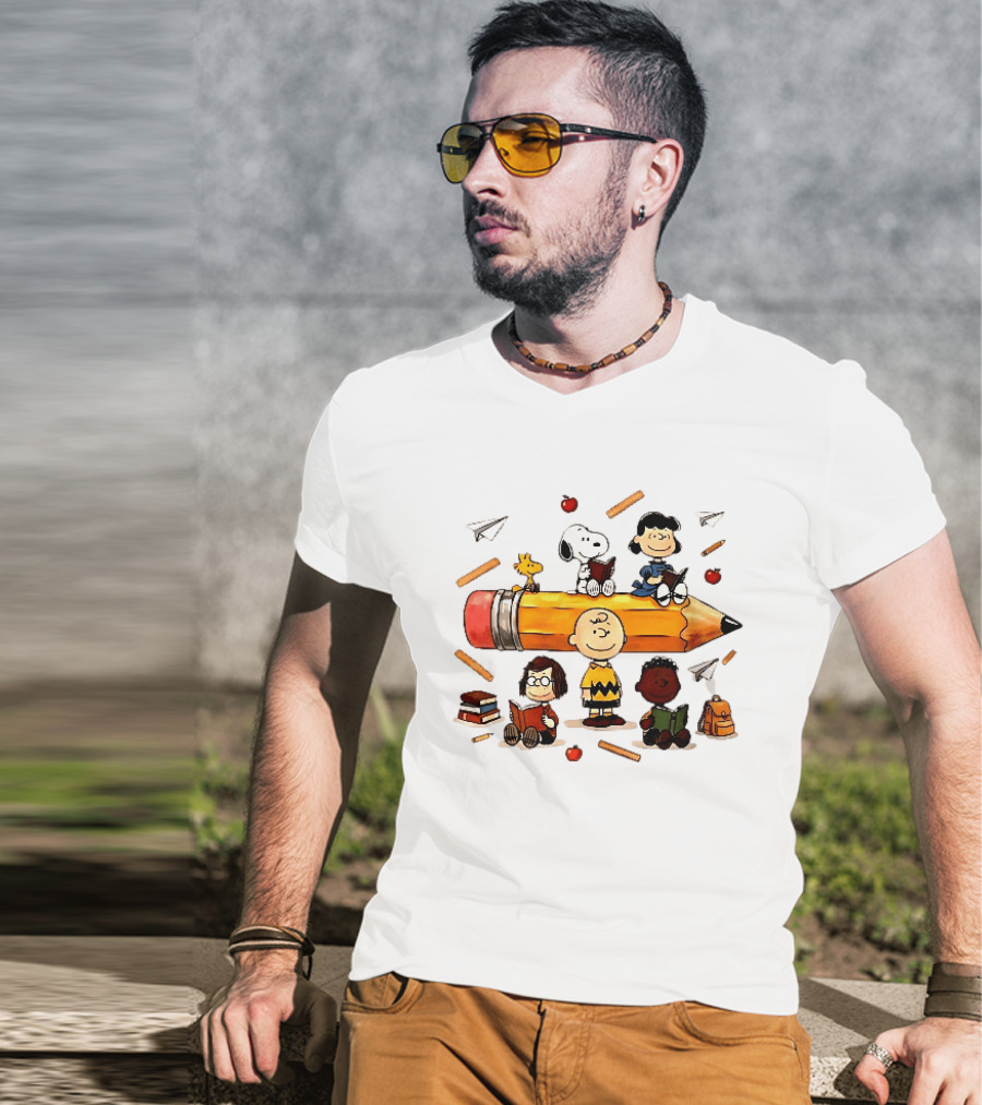 Charlie's Giant Pencil Peanuts Cartoon School Supplies Snoopy Woodstock T-Shirt