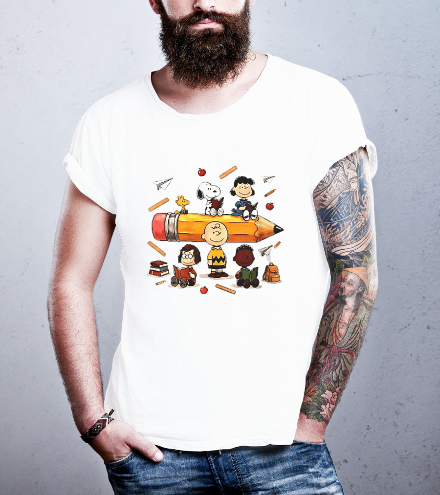 Charlie's Giant Pencil Peanuts Cartoon School Supplies Snoopy Woodstock T-Shirt