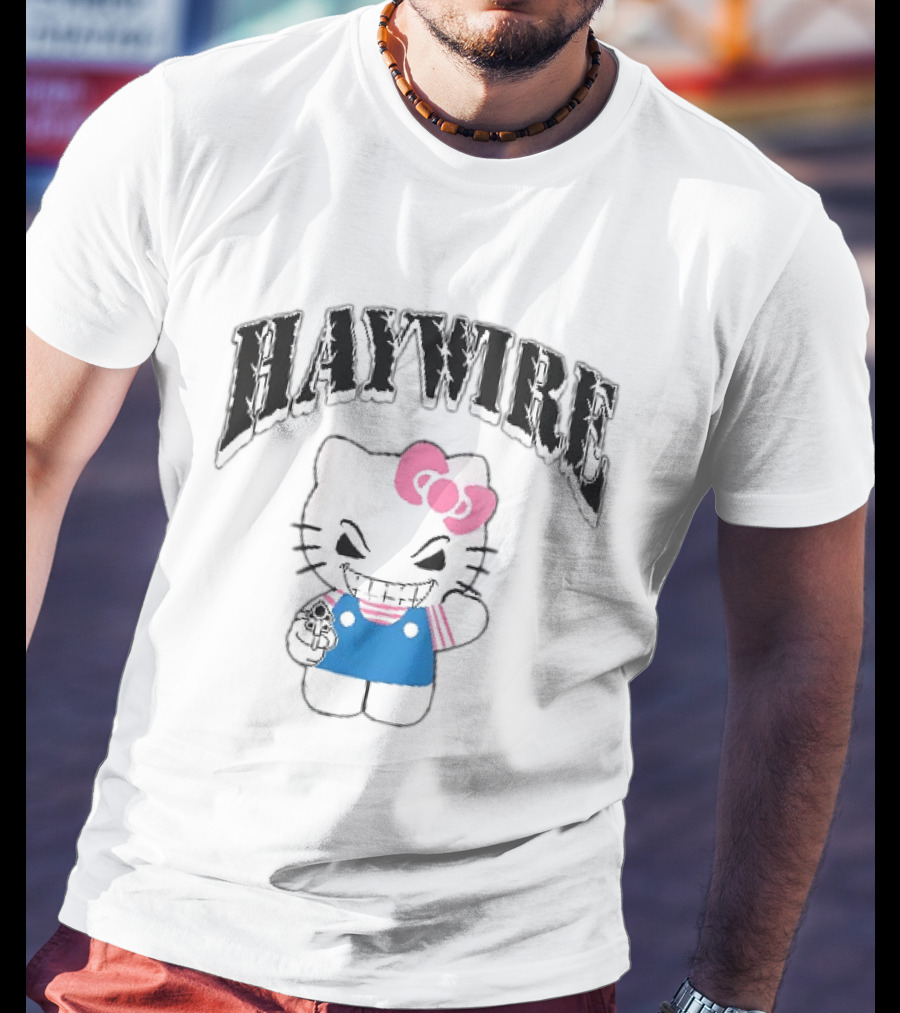 Haywire Hello Kitty Mischievous Grin Pink Bow Blue Overalls T-Shirt