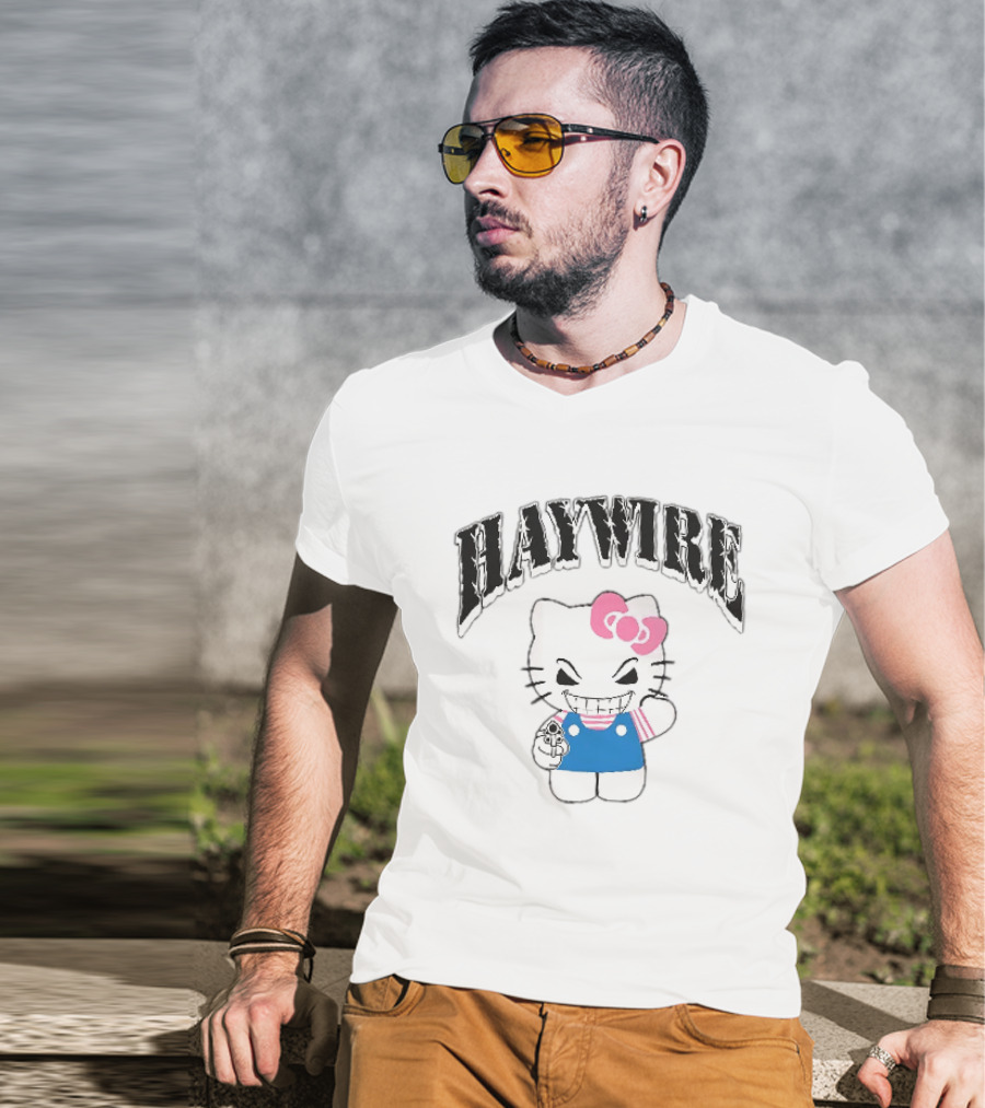 Haywire Hello Kitty Mischievous Grin Pink Bow Blue Overalls T-Shirt