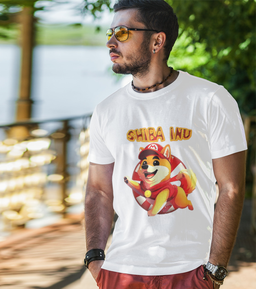 Shiba Inu Cartoon Dog Mario Red Cap Vest Running Striped T-Shirt