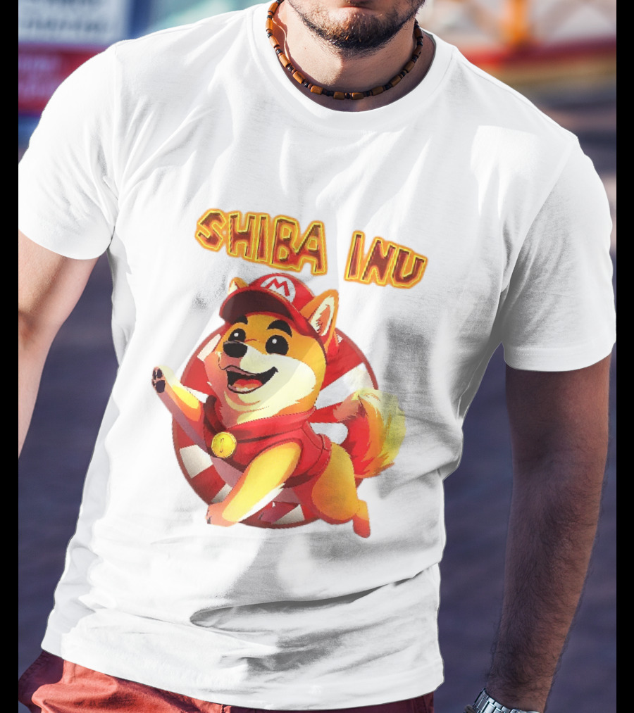 Shiba Inu Cartoon Dog Mario Red Cap Vest Running Striped T-Shirt