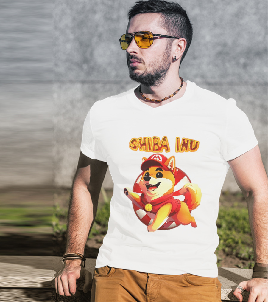 Shiba Inu Cartoon Dog Mario Red Cap Vest Running Striped T-Shirt