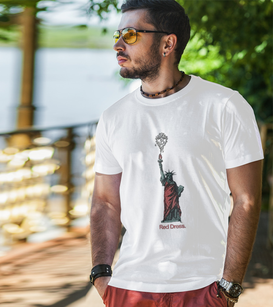 Statue Of Liberty Red Dress Unique Twist On Iconic Monument T-Shirt