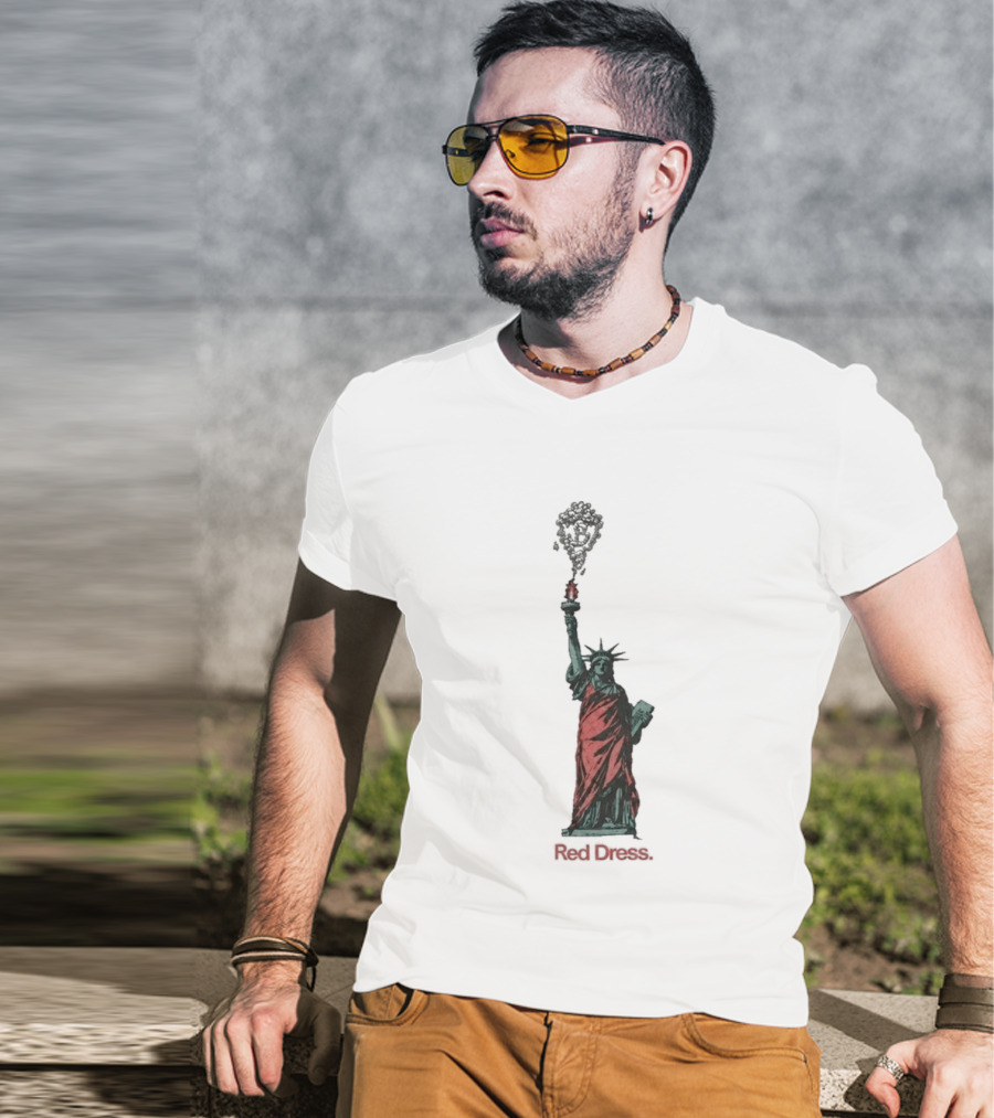 Statue Of Liberty Red Dress Unique Twist On Iconic Monument T-Shirt