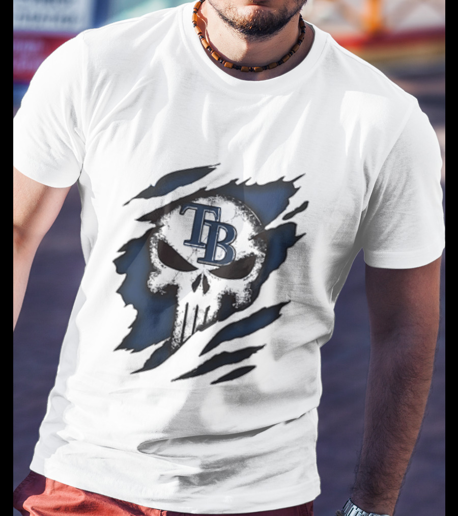Tampa Bay Rays TB Punisher Skull Ripped Effect T-Shirt