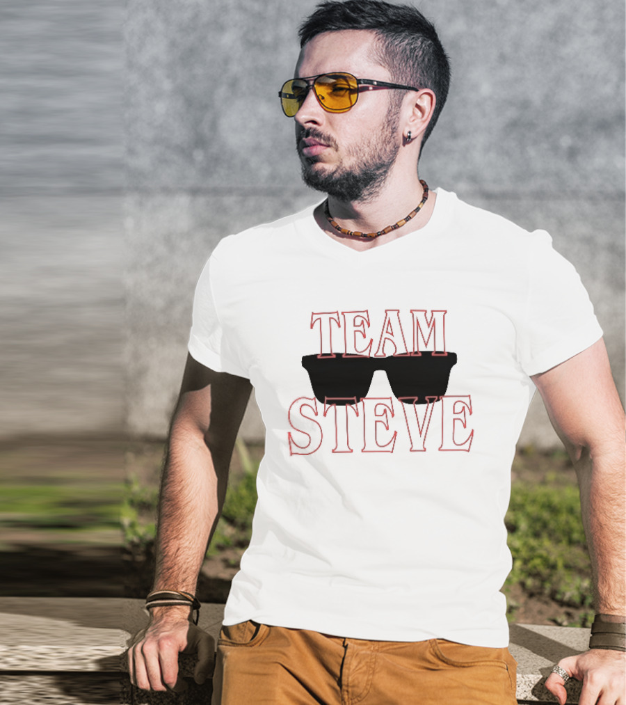 Team Steve Black Sunglasses Theme Red Letters T-Shirt