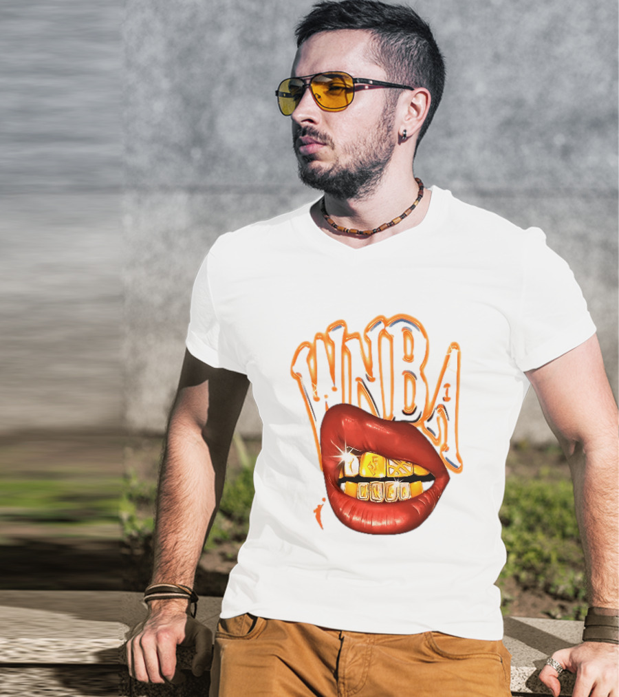 WNBA Red Lips Gold Teeth Grillz Glowing Chrome Lettering T-Shirt