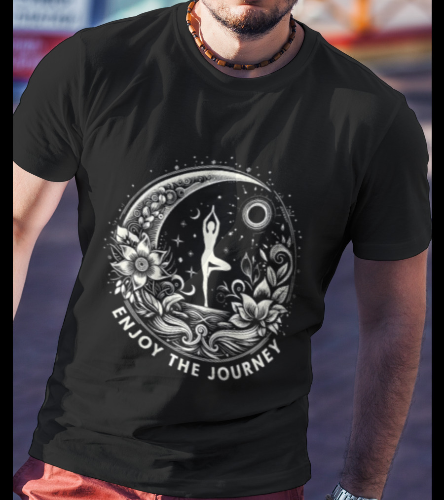 Enjoy The Journey Yoga Tree Pose Mandala Moon Sun Floral Surround T-Shirt